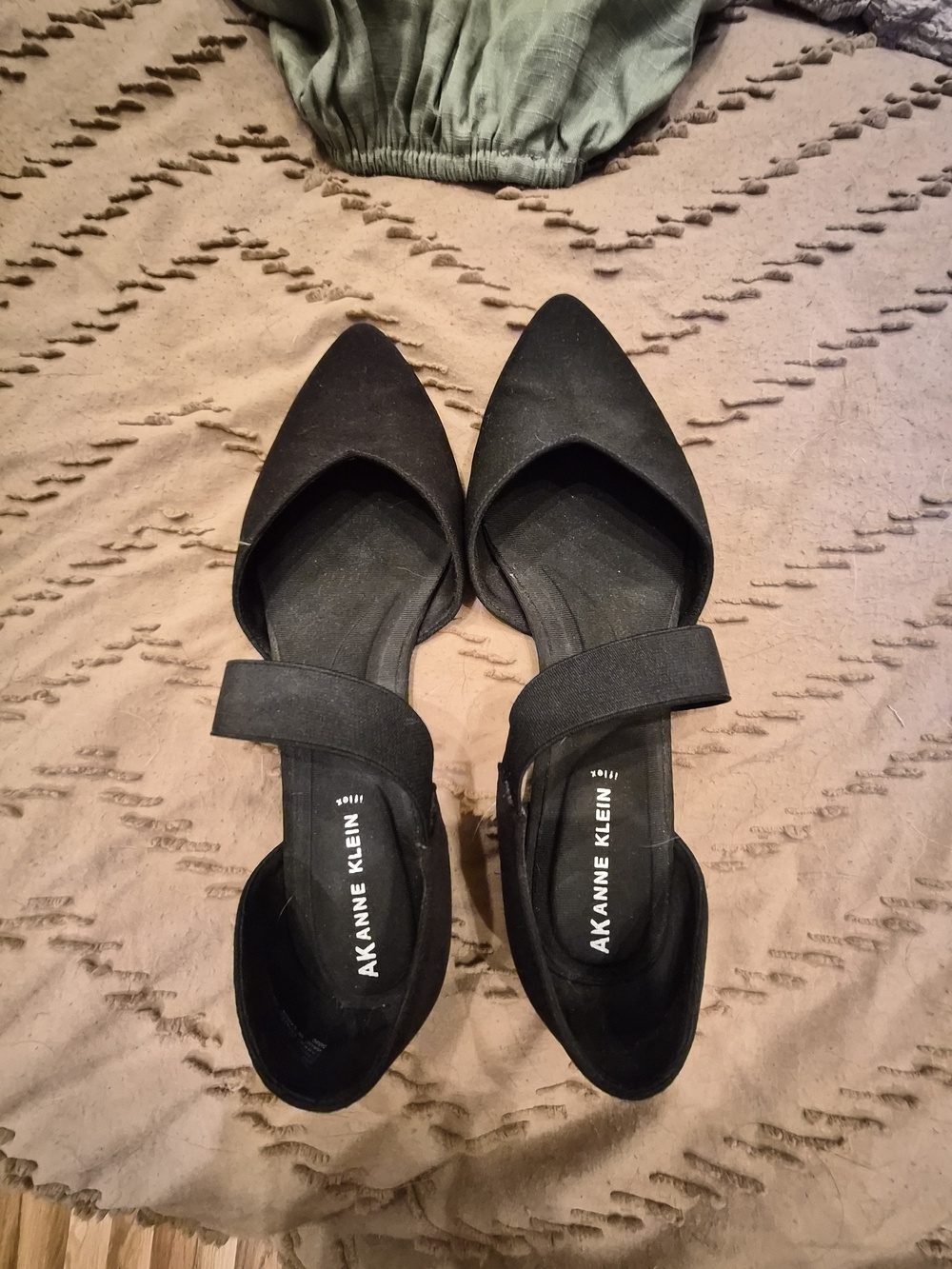 Anne Klein Black Pointed D'Orsay Flats with Strap Detail